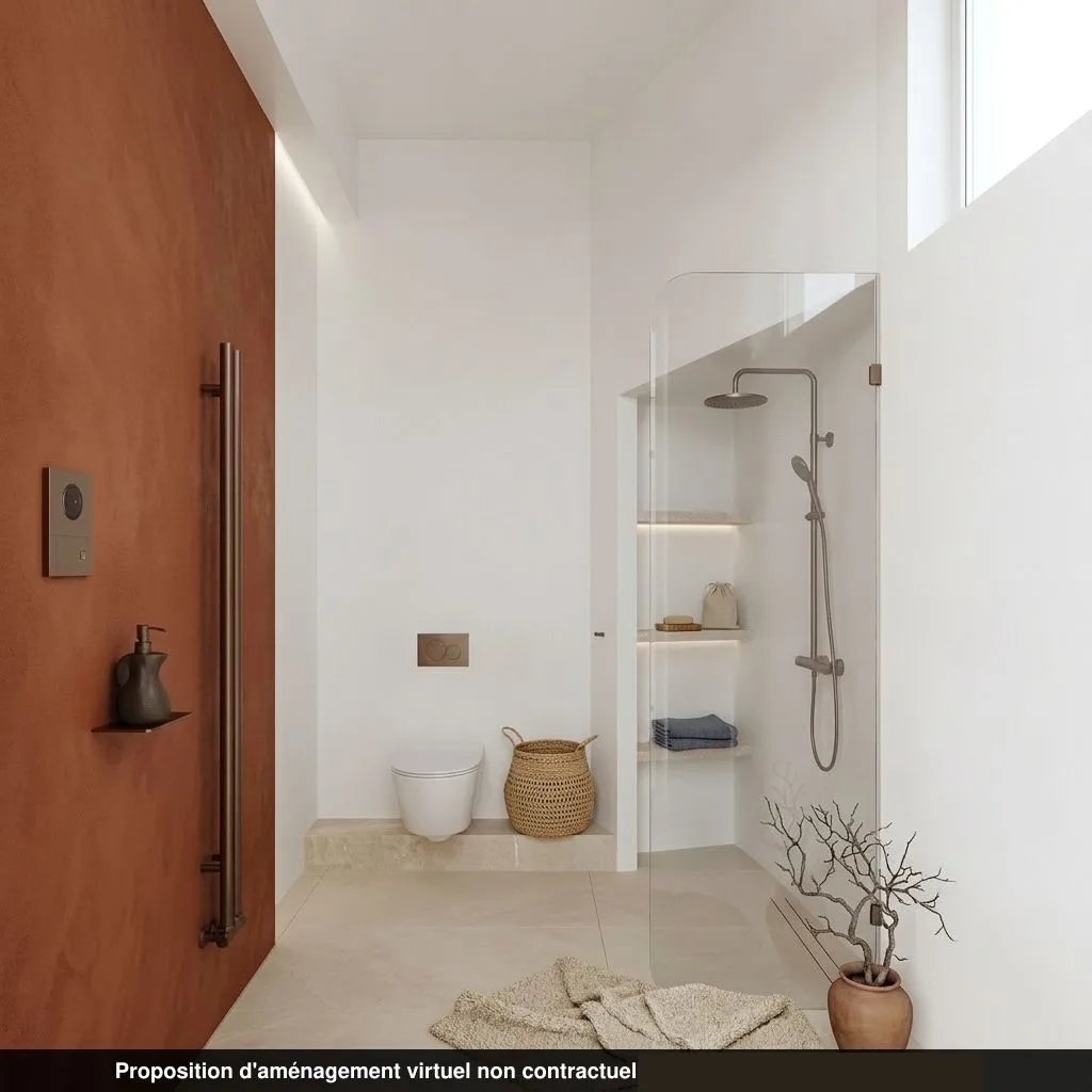 Salle d'eau (salle de bains) du lot 0.01 restaurée, avec WC, bord de mer carrelage beige