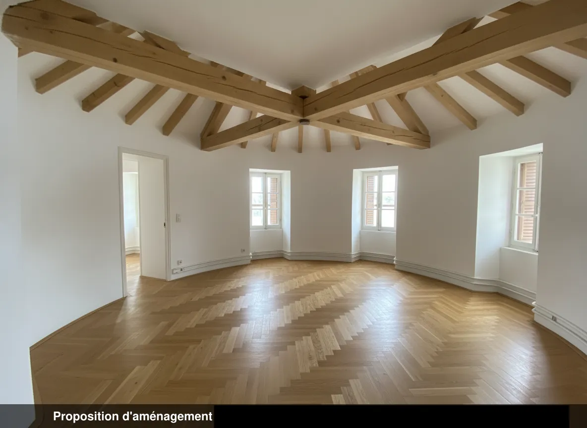 Grand séjour du lot 2.01 restauré, plafond blanc et parquet en chevron