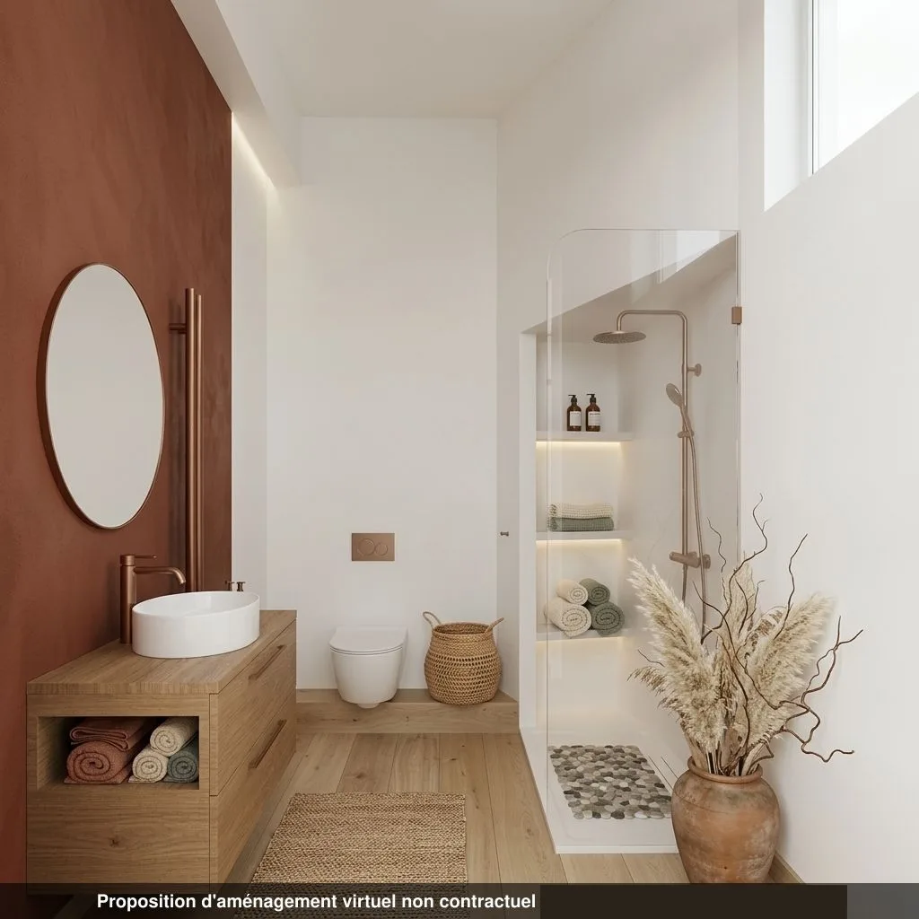 Salle d'eau (salle de bains) du lot 0.01 restaurée, contemporaine, parquet