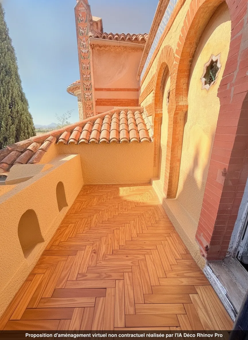Terrasse du lot 1.02 restaurée, parquet beige