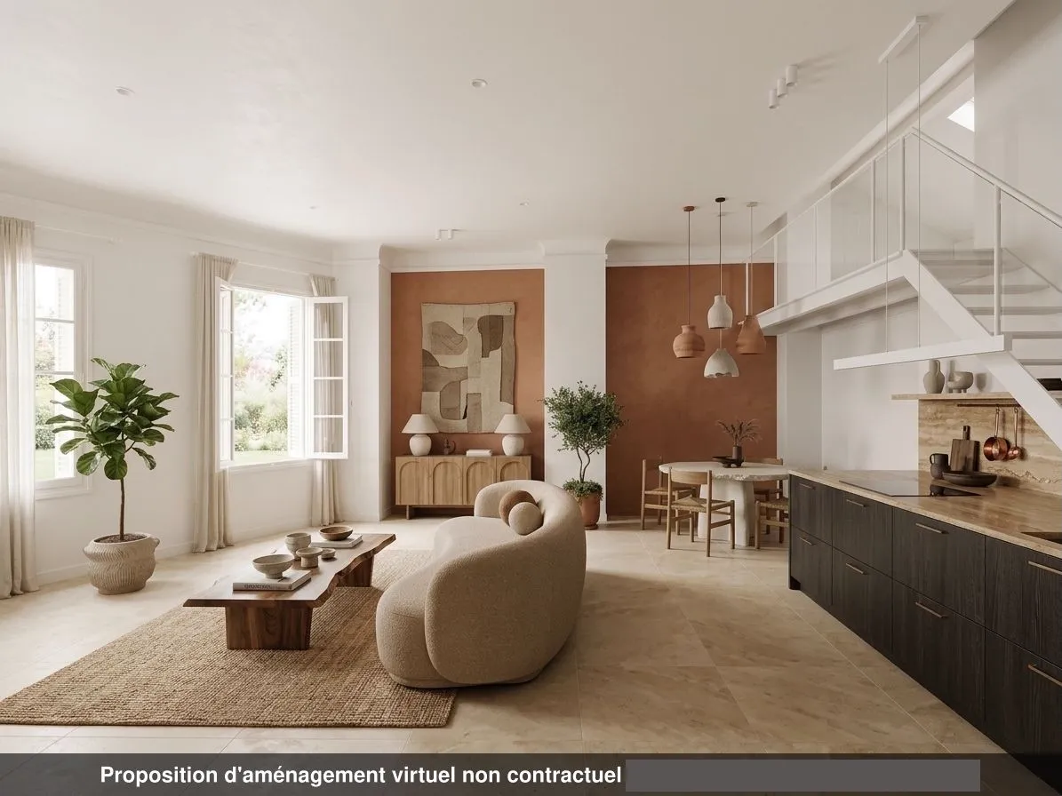 Séjour contemporain avec cuisine et salle à manger du lot 1.07, carrelage beige