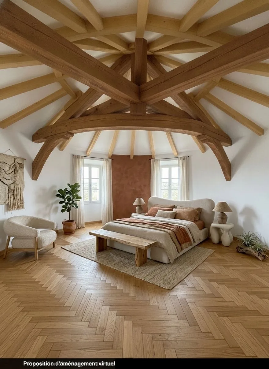 Chambre de la tour ronde du lot 2.01, contemporaine, parquet