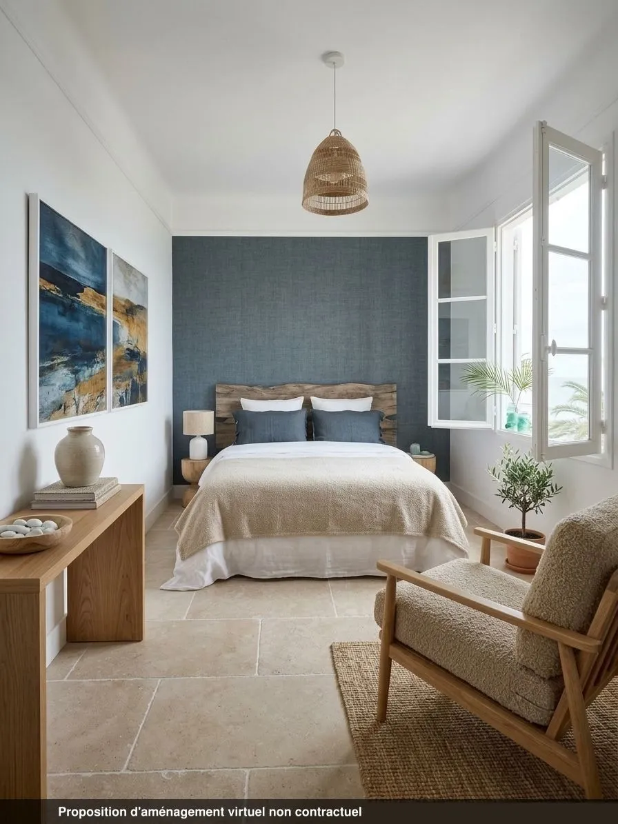 Chambre du lot 0.03 en ambiance bord de mer, carrelage beige