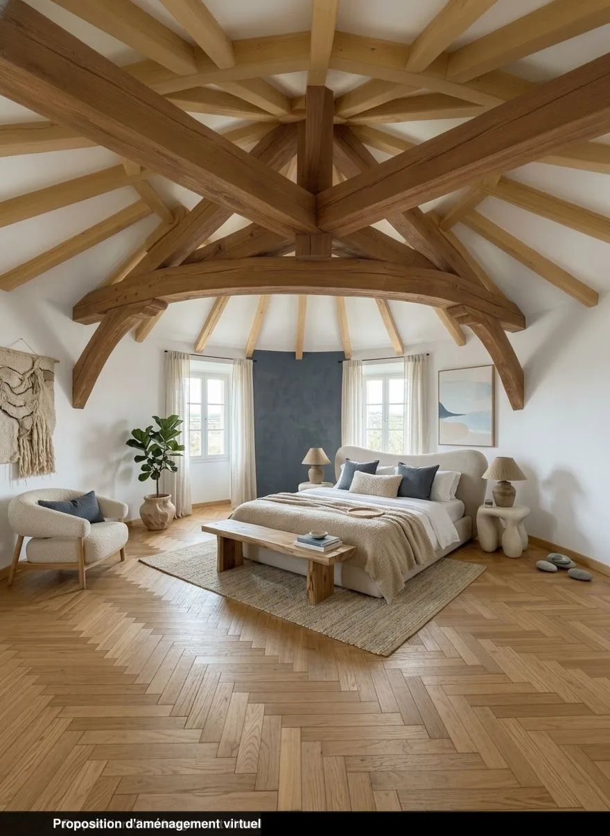 Chambre de la tour ronde du lot 2.01, bord de mer, parquet