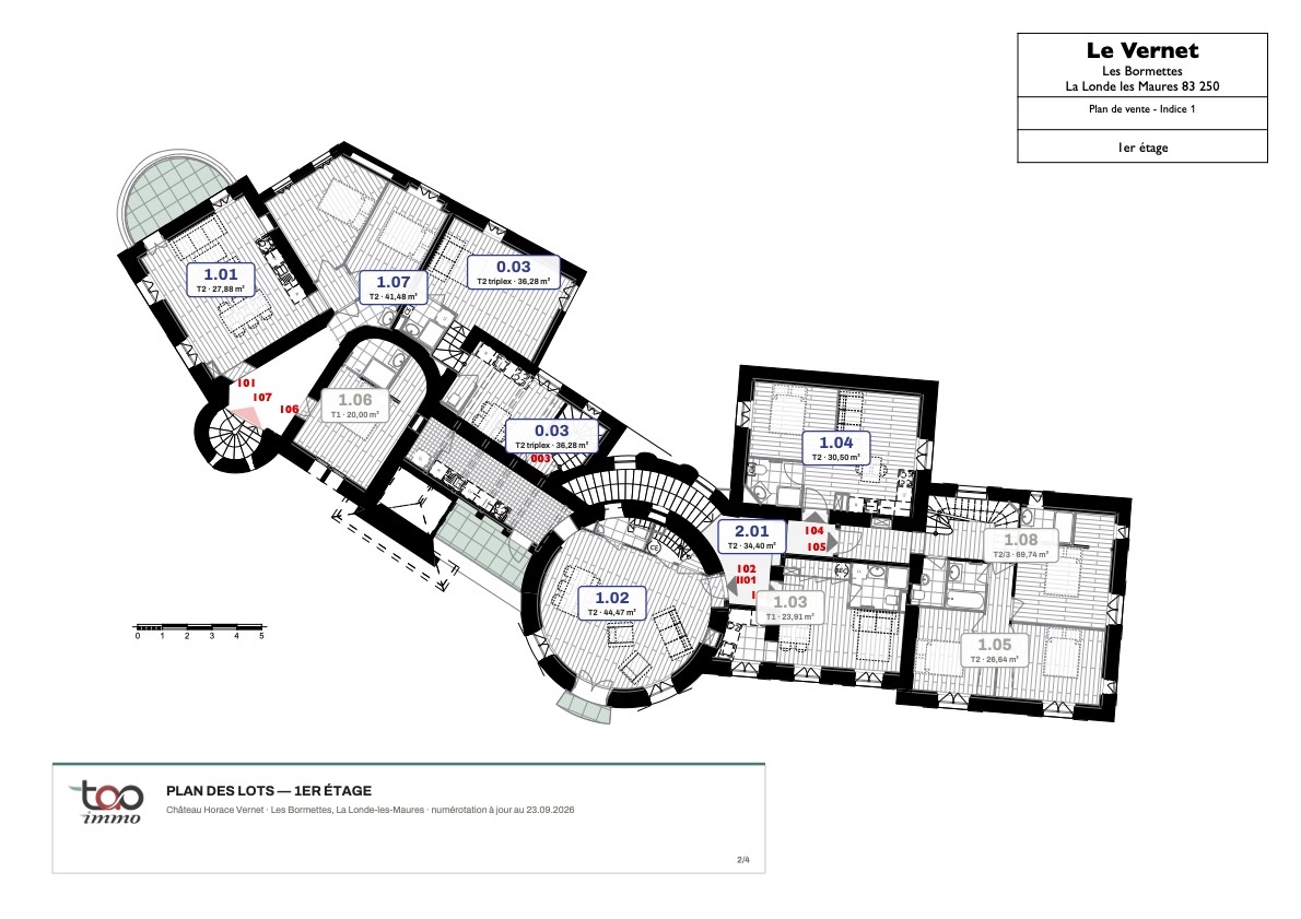 Plan de vente du premier étage du château des Bormettes, avec le repérage des appartements