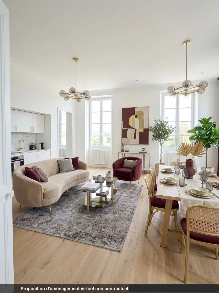 Séjour et cuisine du lot 1.01, style prestige, parquet