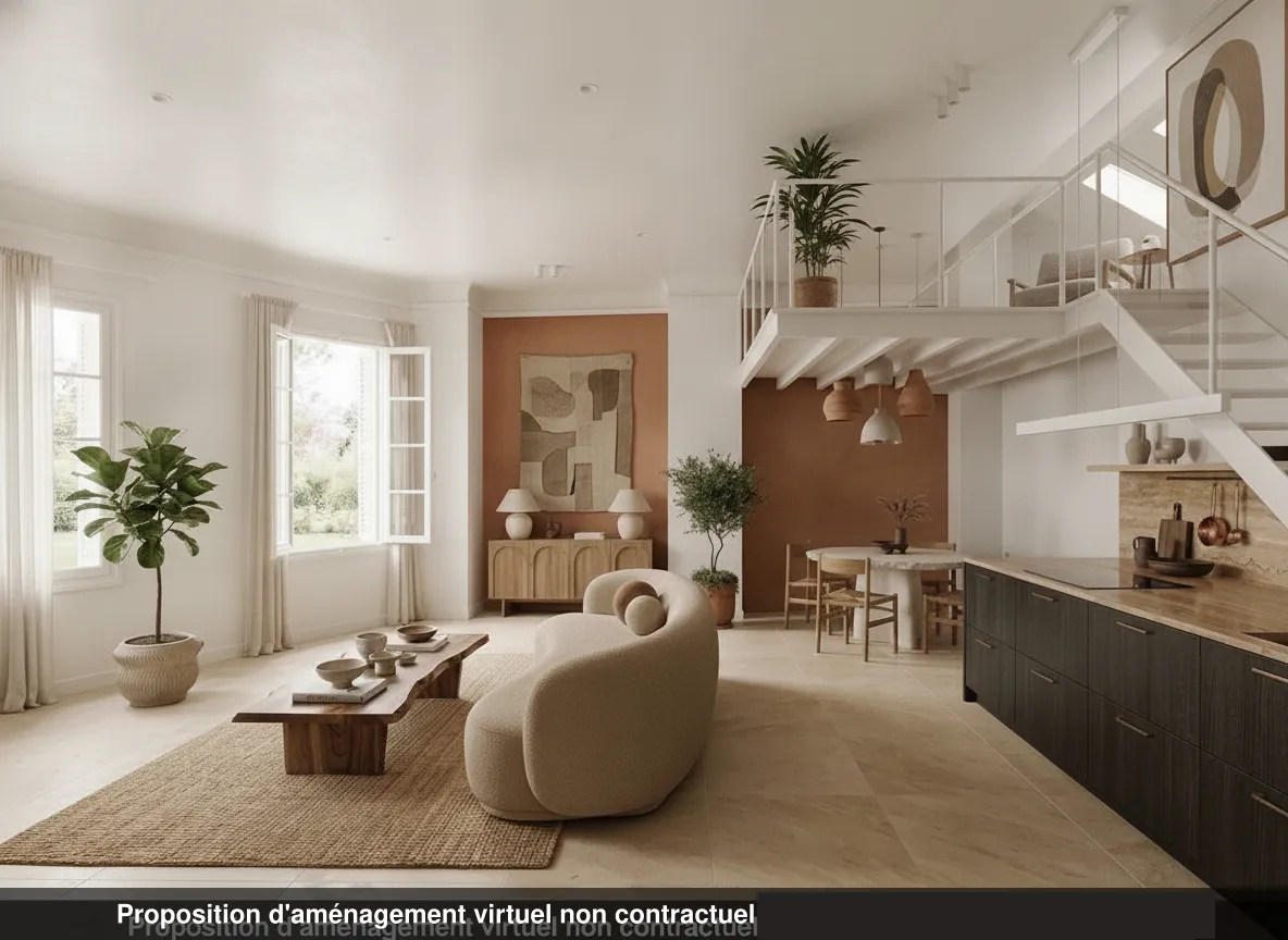 Séjour du lot 1.07 aménagé avec une mezzanine