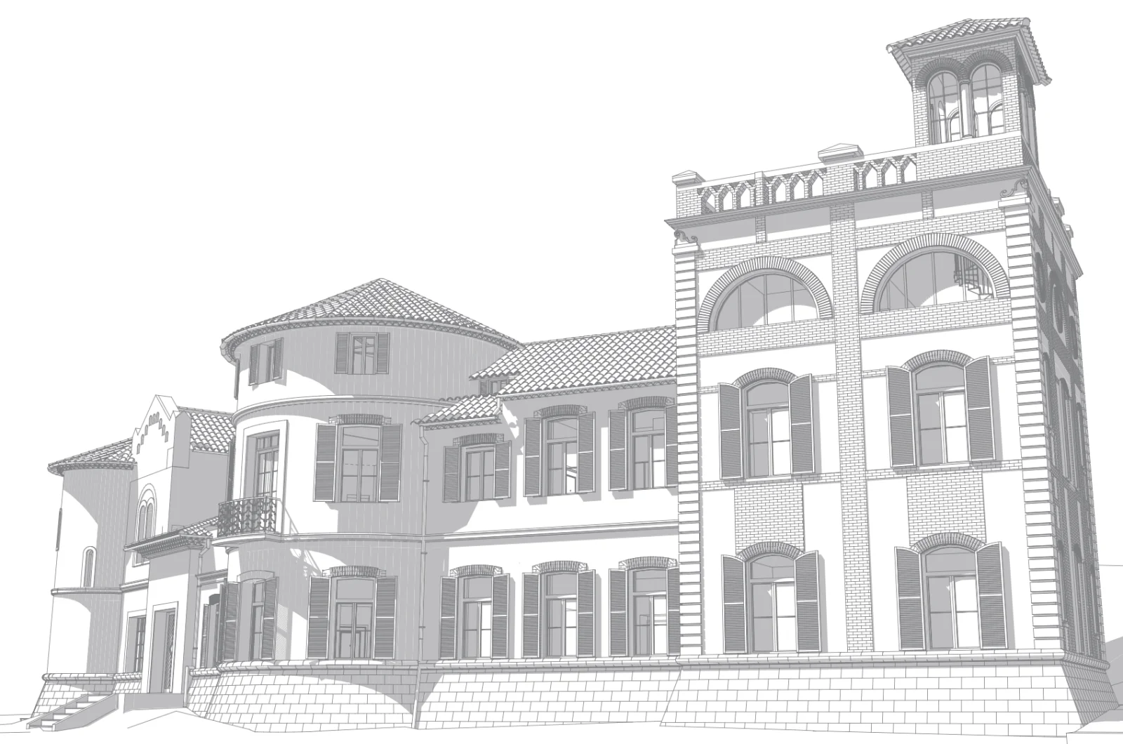Perspective 3D du château des Bormettes depuis le sud-est, arcades de la tour carrée et rotonde