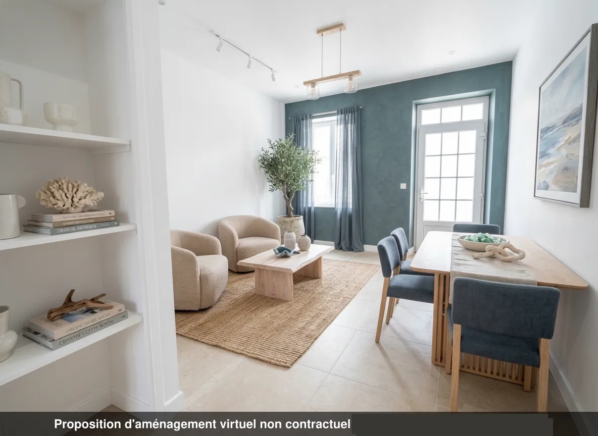 Séjour du lot 0.02 restauré, carrelage beige, mur bleu-vert et mobilier écru