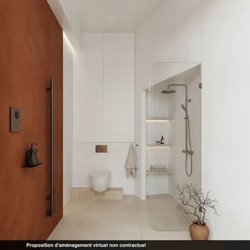 Salle d'eau (salle de bains) du lot 0.01 restaurée, avec WC et rangements