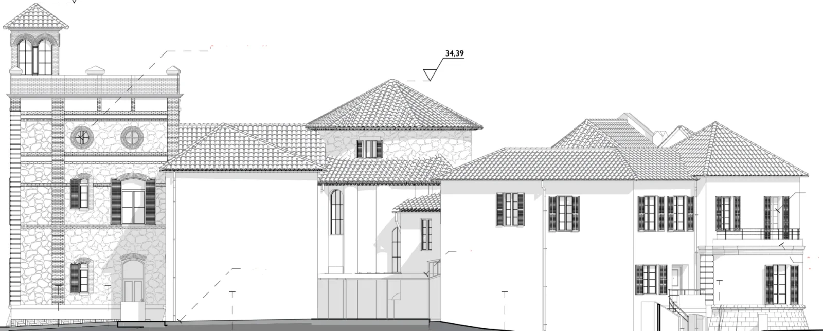 Élévation 3D de la façade arrière du château des Bormettes avec la tour carrée et les toitures en tuiles