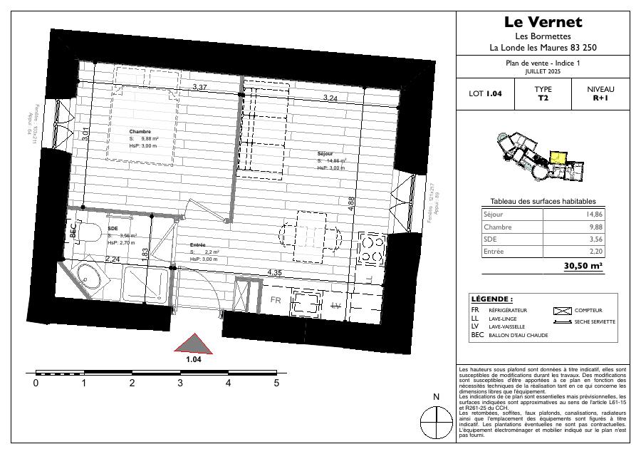 Plan de l'appartement 1.04, T2 de 30,5 m²