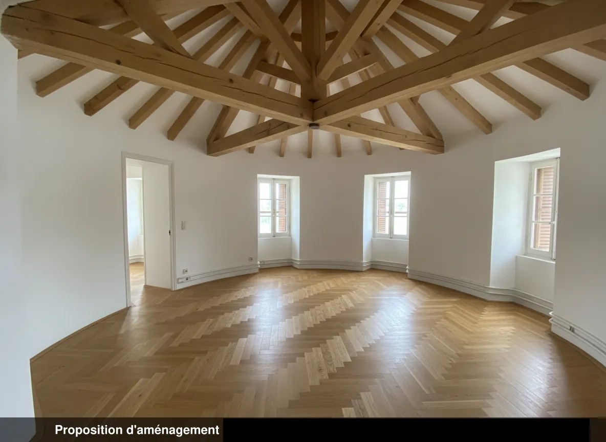 Chambres de la tour ronde du lot 2.01 restaurées, poutres apparentes et parquet bâton rompu
