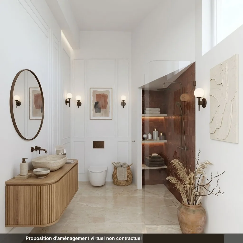 Salle d'eau (salle de bains) du lot 0.01 restaurée, contemporaine, carrelage beige