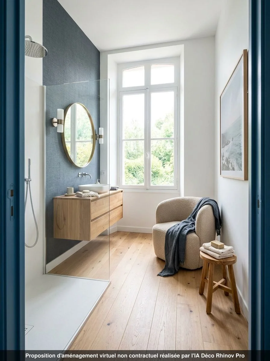 Salle de bains du lot 0.04 restaurée : douche vitrée, meuble vasque en chêne, mur bleu et parquet